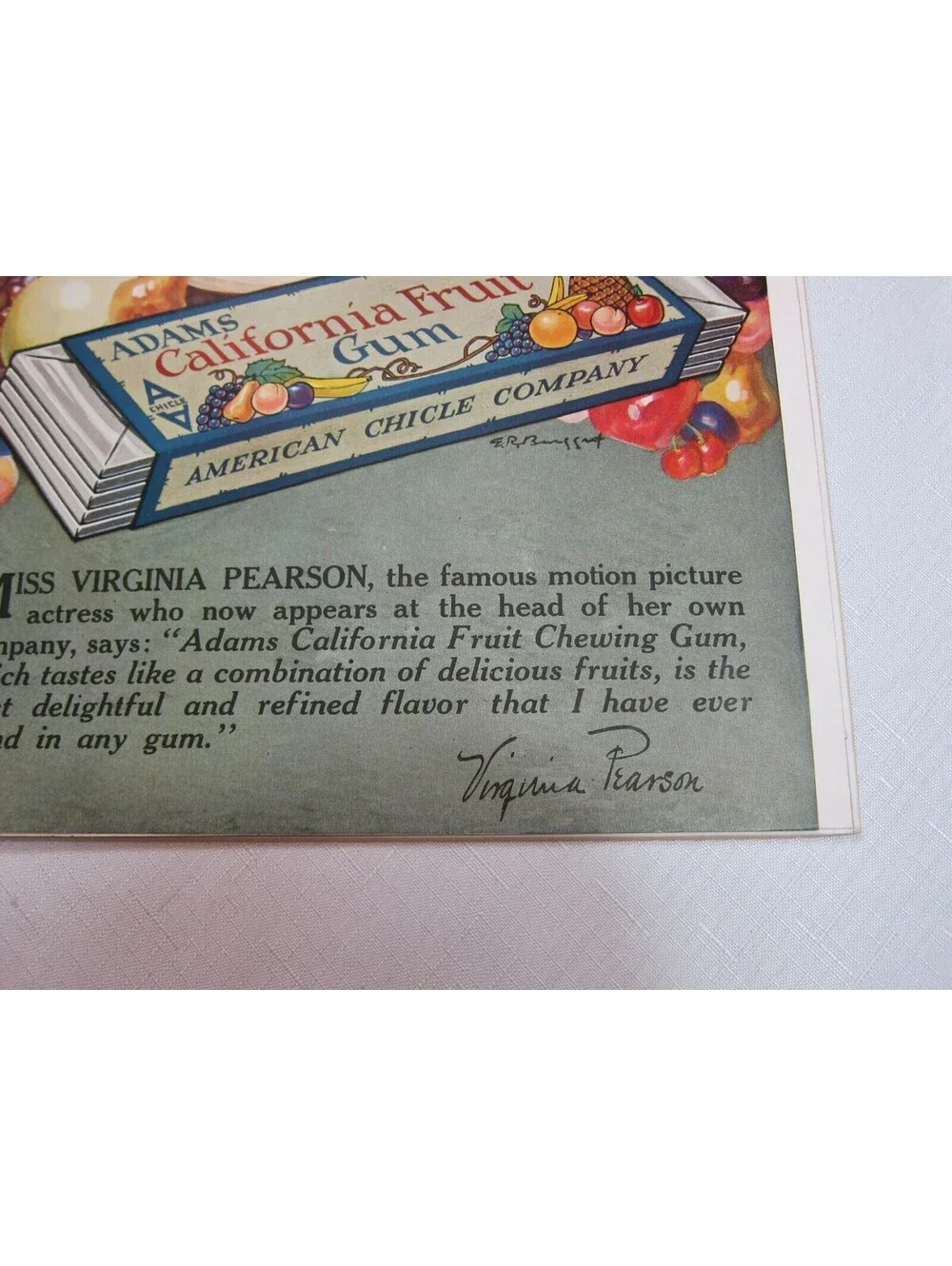 Antique 1919 Adams California Fruit Gum Ad Movie Star Virginia Pearson 14 x 9.5
